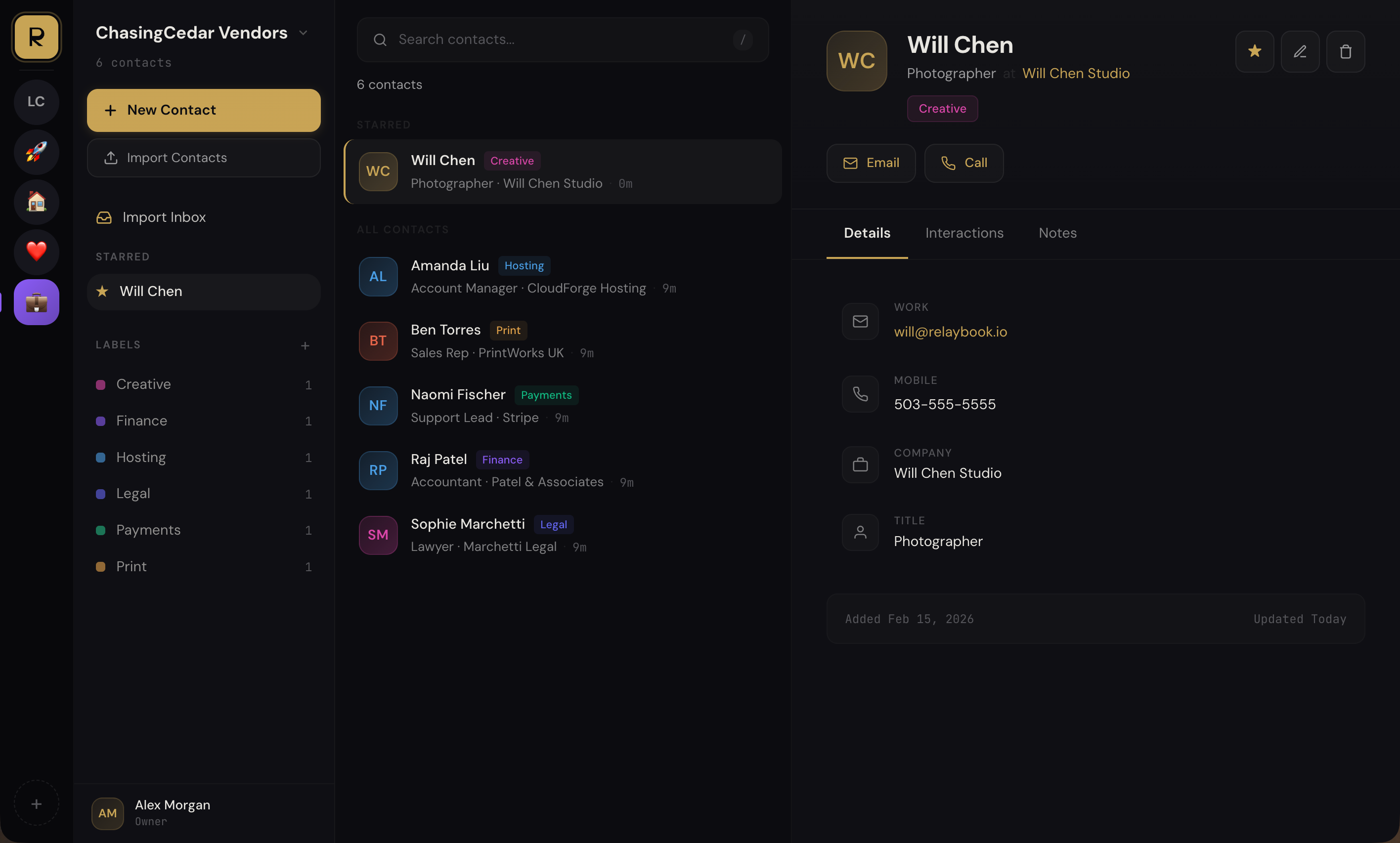 RelayBook contact management view showing shared books and contacts