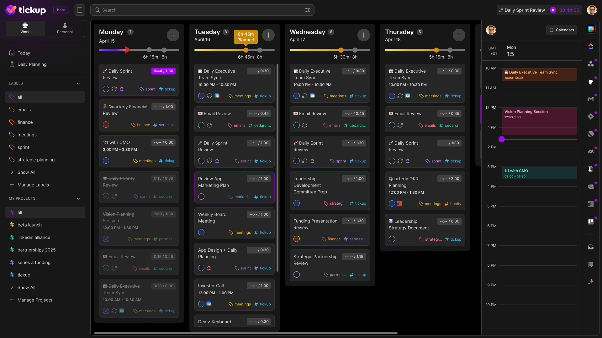 TickUp weekly planner view showing tasks organized by day